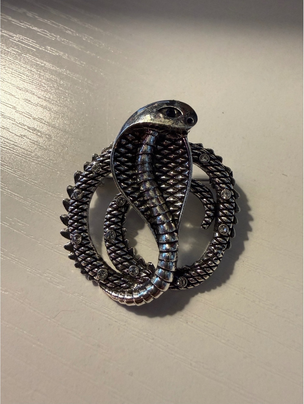 Cobra Snake Silver Tone Brooch Pin - Goth Emo Slytherin Halloween